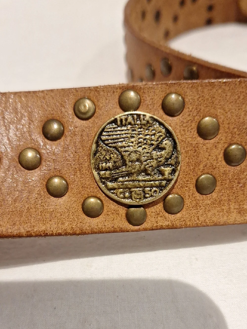 Studded Light Brown Leather Belt with Brass Buckle And Italia Coin Size M/30